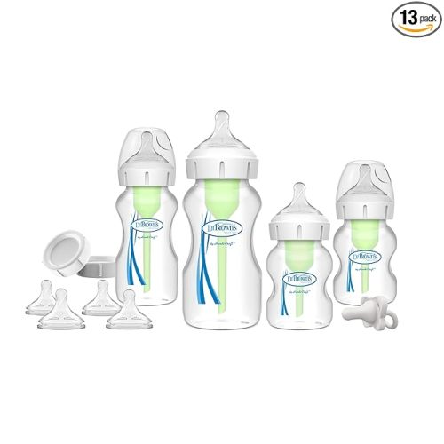 Dr. Brown's Anti-Colic Options+ Wide-Neck Bottle Essentials Gift Set with Breast-Like Nipple Shape, 100% Silicone Happy Paci Pacifier and Baby Bottle Travel Caps