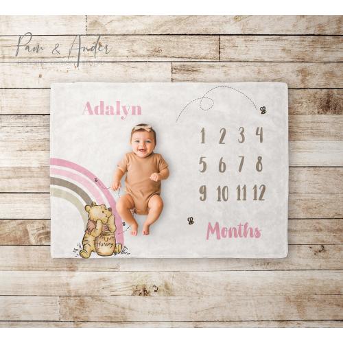 WinnieThe Pooh Milestone Blanket, baby blanket, Baby girl Gift, Baby Shower Gift, Pink Milestone blanket, Personalized Baby gift