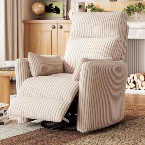 LINSY HOME 360 Swivel Nursery Rocking Chair with 2 Pillows, Corduroy High Back Adult Recliner for Small Spaces, Nursery Glider Rocker Chair, Bedroom Living Room Reclining Chairs (Beige)