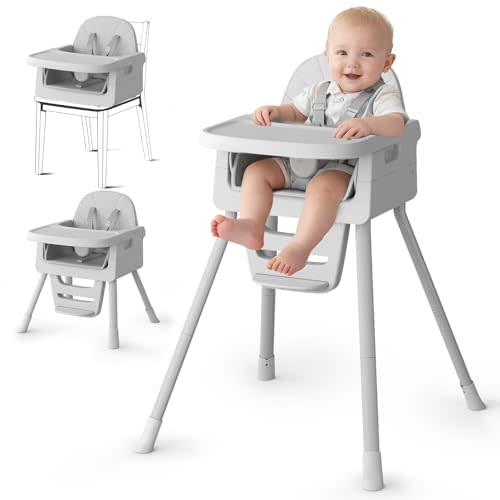 EverKiddo Baby High Chair for 6 Months+, Foldable High Chairs for Babies and Toddlers, Convertible Toddler Chair, Adjustable Tray & Footrest, Lightweight, Stable & Easy to Clean(Gray)