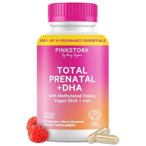 Pink Stork Total Prenatal Vitamins with DHA, Folate, Iron, Choline, and Vitamin B12 - Prenatals for Women to Support Fetal Development, Pregnancy Essentials, Berry Essence, 60 Capsules, 1 Month Supply