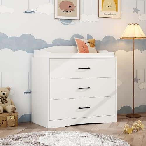 ROMSHINE 3 Drawer Nursery Dresser, Baby Dresser with Changing Topper, Small Dresser for Infant Diaper Storage, Changing Station for Nursery and Kids Bedroom, White (35.4" W x 19.7" D x 35.4" H)