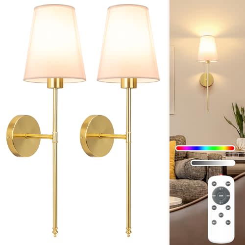 NIORSUN 25.4 inch Battery Operated Wall Sconce Set of 2,Gold Rechargeable Wall Lights with 5200mAh Dimmable Detachable Bulbs and Remote,9 Colors Wireless Sconces for Bedroom Living Room Hallway