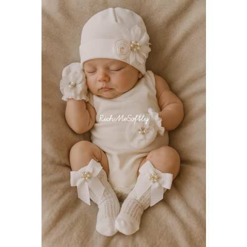 White Pearl Baby Girl Set: Cotton Newborn Outfit, Flower Hat, Mittens, Socks