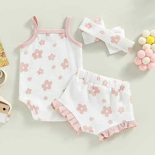 3pcs Toddler Girls Summer Outfits Ribbed Halter Crop Top Romper Bodysuit +Floral Bloomer Shorts+Headband Clothes Set