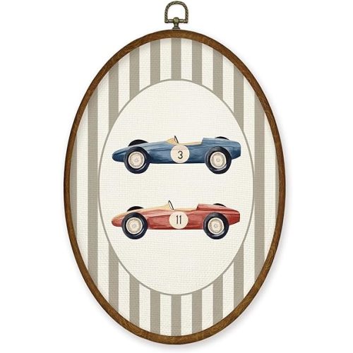 WULQYING Vintage Race Car Boy Nursery Wall Art Decor, Kids Oval Framed Canvas Art Prints, Neutral Striped Car Vehicle Wall Hanging Decor for Kids Toddler Boy Nursery Room Playroom, 8.5x11.4 Inches