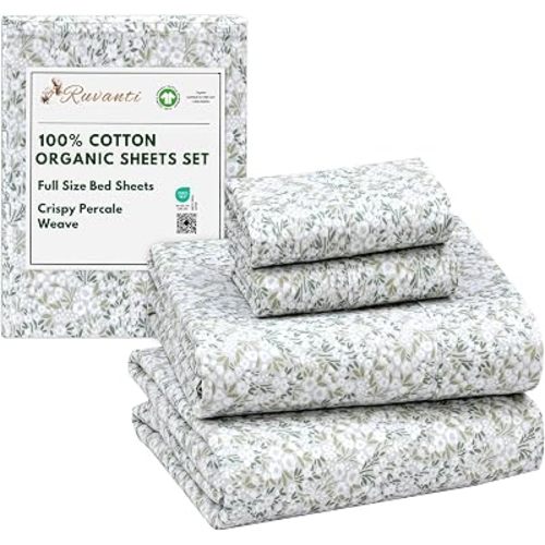 RUVANTI 100% Cotton Organic Percale Sheets Full Size, Floral Rush