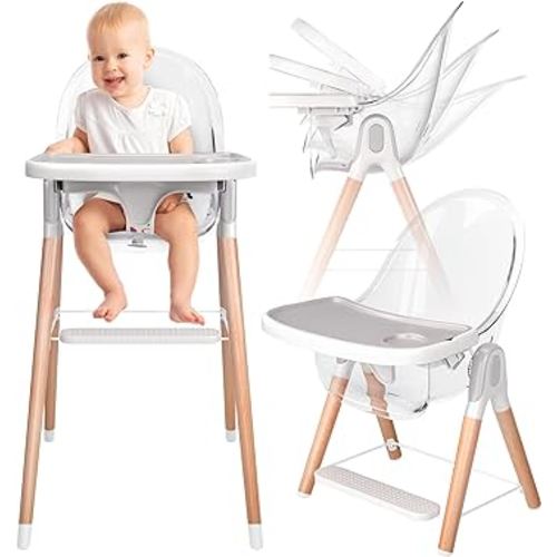 Children of Design 6 in 1 Deluxe Wooden High Chair for Babies & Toddlers, Modern Safe & Compact Baby Highchair, Easy to Clean & Assemble, Removable Tray, 6 Options 3 Seat Positions 2 Heights (Clear)