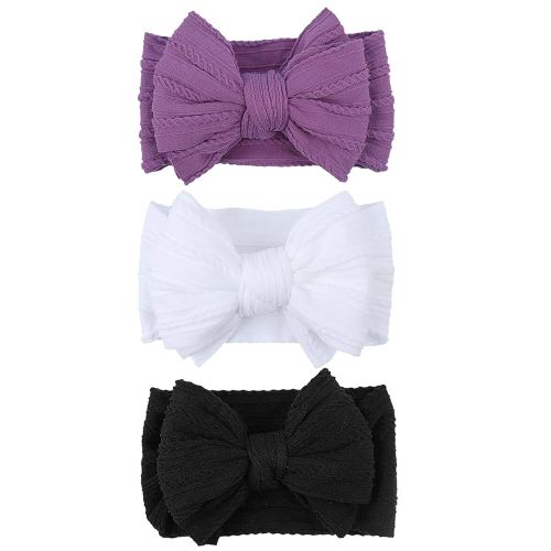LemonSpace Handmade Baby Girls Headbands Soft Stretchy Nylon Hair Bands Hair Accessories with Bows for Newborn Baby Girls Infant Toddlers Kids(White Black Purple)