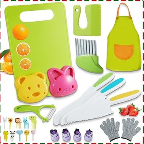26PCS Kids Knife Set for Real Cooking, Montessori Kitchen Tools With Toddler Cutting Board, Kids Cooking Sets for Age 3-10, Educational Gift for Boys Girls
