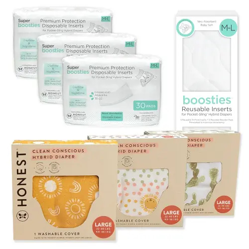 Honest Hybrid Cloth Diaper Cover + Super Boosties Disposable Inserts 90ct + Reusable Inserts, Large (22-40 lbs), Cotton Muslin Honest Covers Feature Pocket-Sling, Bonus Starter Kit
