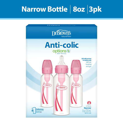 Dr. Brown's Anti-Colic Options+ Narrow Baby Bottle, 8oz, Pink, 3 Pack, Clinically Proven, BPA Free