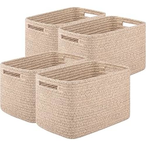 Storage Baskets for Organizing, Woven Decorative Baskets for Shelves - Books, Towels, and Clothes, Cotton Rope Toy Storage Bins, 12.7''Lx9''Wx7.8''H, Pack of 4, Brown