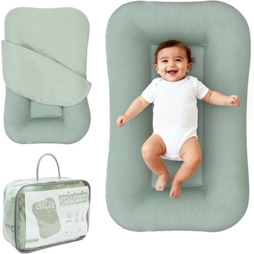 Aila + Aiden Baby Lounger | Organic Cotton Infant Lounger | Adjustable & Portable Floor Lounger | Supervised Use | Soft, Breathable, Washable Cover - Snuggle Collection - (Sage)