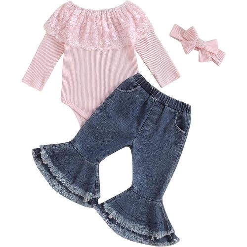 fhutpw Newborn Baby Girl Clothes Infant Rib Frill Long Sleeve Romper Flared Pants Headband Set 3pcs Fall Winter Outfits