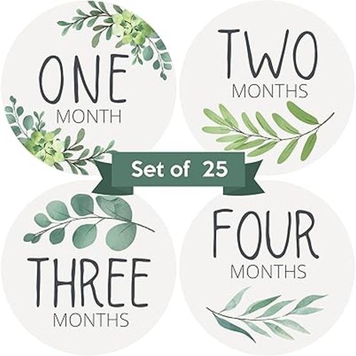 Baby Monthly Stickers - Set of 25 - Greenery Botanical Baby Milestone Stickers - Monthly Milestones for Newborn Boys or Girls - Sage Green Boho Eucalyptus Unisex Gender Neutral Design - (Set of 25)