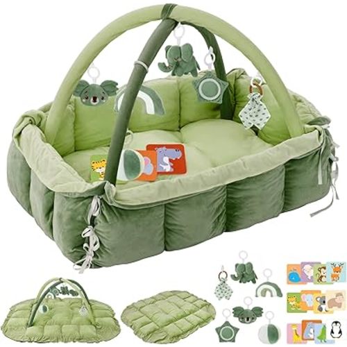5-in-1 Plush Baby Play Gym, Baby Play Mats, Convertible Baby Gym, Tummy time mat, 6 Sensory Toys, Activity Center, Ball Pit, Green