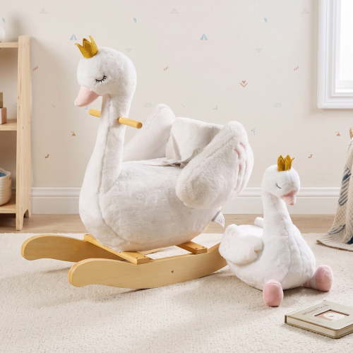 Jolie Vallee White Swan Rocking Horse with Matching Plush Toy, Wooden Baby Rocking Horse with Safety Belt, Rocking Horse for Toddlers 1-3, Kids Ride On Horse Toys