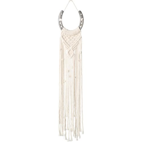 W Wellshine Macrame Equestrian Wall Hanging, Handmade Equestrian Themed Wall Art Decoration, Horseshoe Macrame Wall hanging, Boho Decor Horse Lover Décor (White B)