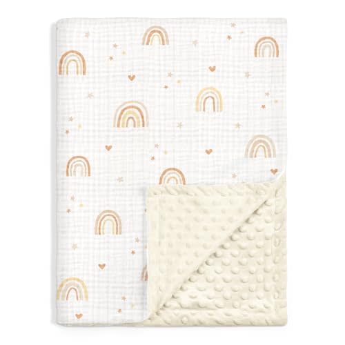 Rainbow Baby Blankets for Girls, Soft Nursery Minky Blankets with Muslin and Dotted Fleece Back 30x40 inches, Receiving Bed Quilt for Newborn, Infants, Toddlers