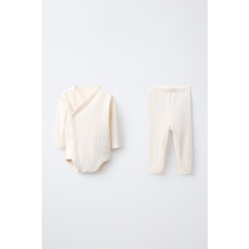 CONTRAST STITCH POINTELLE WRAP BODYSUIT AND LEGGINGS SET - Ecru | ZARA United States