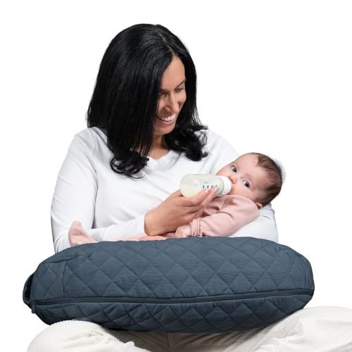 Boppy Nursing Pillow, Luxe Ergonomic Breastfeeding & Baby Feeding Support | High, Firm, Large Area Cushion, Water-Repellent Liner, Washable Cover, Wider Opening, Flexible Fiber Fill -Quilted Slate Blue
