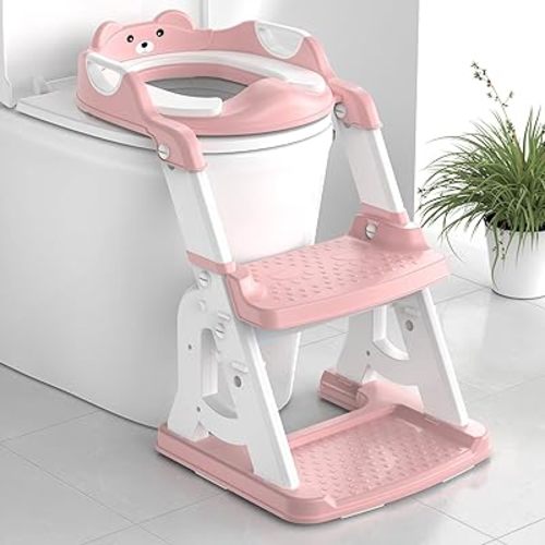 Potty Training Seat, Upgrade 2 in 1 Potty Training Toilet for Toddler, Toddler Toilet Seat for Boys Girls with Support Bar, Anti-Slip Pad and Step Stool (Pink)