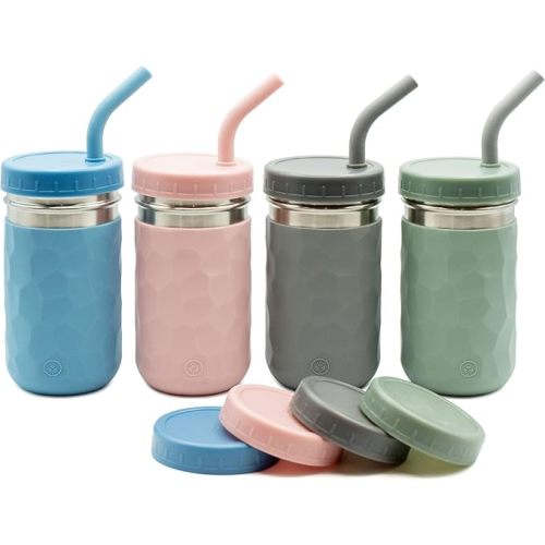 WeeSprout 2-in-1 Drinking Cups for Kids, Durable Stainless Steel Tumbler for Smoothies, Silicone Straws with Stoppers, Premium Plastic Twist Lids, Easy-Grip Sleeves, Set of 4 Dishwasher Safe Kid Cups
