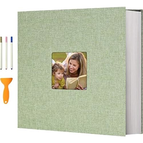Vienrose Photo Album Self Adhesive 13x12.6 for 600 Photos Linen Scrapbook 120 Pages Grassgreen
