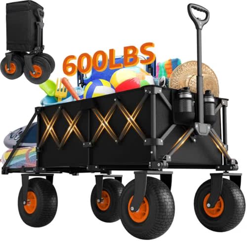 Beach Wagon with Big Wheels for Sand - Heavy Duty 10" Wheel Collapsible Wagons Foldable Large Wagon Cart Folding All Terrain for Camping