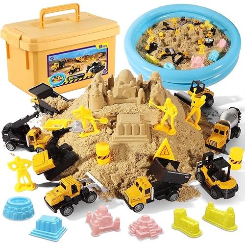Play Construction Sand Kit,2.2lbs Magic Sand,8 Alloy Construction Vehicles,1 Inflatable Sandbox,8 Worker Figures and Road Signs,6 Castle Molds,1 Storage Box, Sensory Toys for Kids Ages 3+