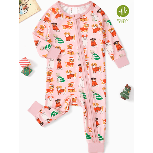 PatPat Baby Christmas Pajamas with Bamboo Viscose Newborn Girl Clothes One Piece Zip Romper Sleeper Christmas Gifts for Baby Girls 6-9 Months