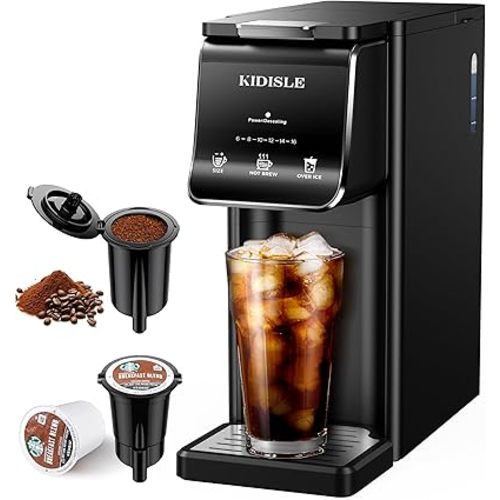 Hot & Iced Single Serve Coffee Maker, K Cup Pod Coffee Maker Compatible with Grounds, Reusable Filter, 6–16oz Brew Sizes, Large 40oz Water Tank, Easy to Use, Black