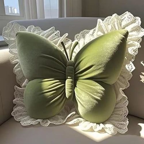 Butterfly Throw Pillow,21.6 inch Velvet Butterfly Decorative Pillow with Lace Trim,Animal Pillow for Couch Living Room Bed,Home Garden Decor (Green)