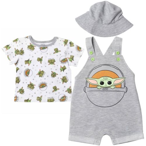 Star Wars The Child Newborn Baby Boys Short Overalls T-Shirt and Hat 3 Piece Outfit Set Grogu Gray 0-3 Months