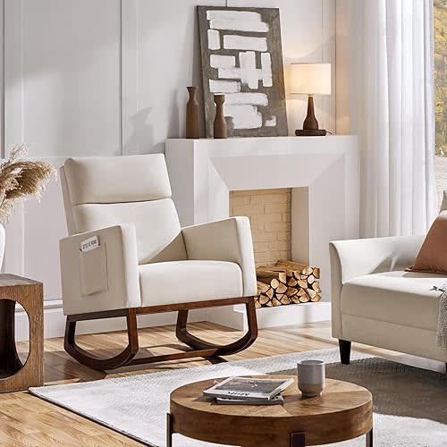 Yaheetech Rocking Living Room Chair, Upholstered Glider Chair with Side Pocket, Modern Accent Chair with High Back Comfy Armchair for Living Room Bedroom Lounge Nursery, Beige