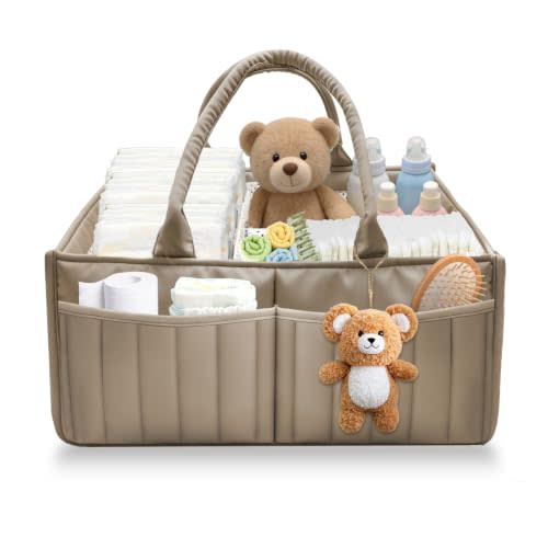 Baby Diaper Caddy Organizer,Portable Large Capacity Nursery Storage Basket,Multifunctional Nursery Diaper Holder,Capacity Waterproof Storage Bin for Infant Diapers,Gift for Baby Shower,khaki