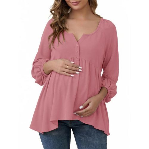 INSPIRE CHIC Womens Maternity High Low Tops Lantern Sleeve Boho Babydoll Ruffled Flowy Long Sleeve Pregnancy Blouse Large Pink
