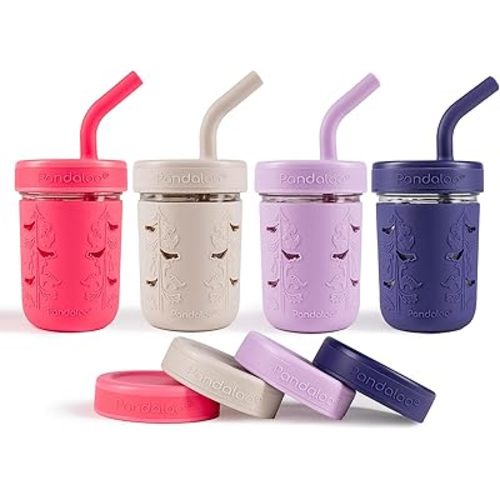Pandaloo Mason Jar Toddler Cup | 8 oz Glass Cups with Silicone Sleeve & Lids | Spill-Resistant Smoothie & Snack Cups for Kids | BPA-Free | Stainless Steel Inner Straw