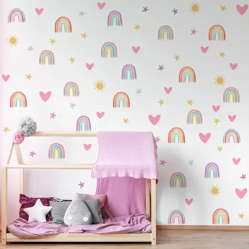 Epakh Calcomanías de decoración de pared de arco iris, calcomanía pequeña de arco iris, acuarela, corazón, estrella, sol, calcomanías de pared para niñas, niños, habitación del bebé (color clásico)