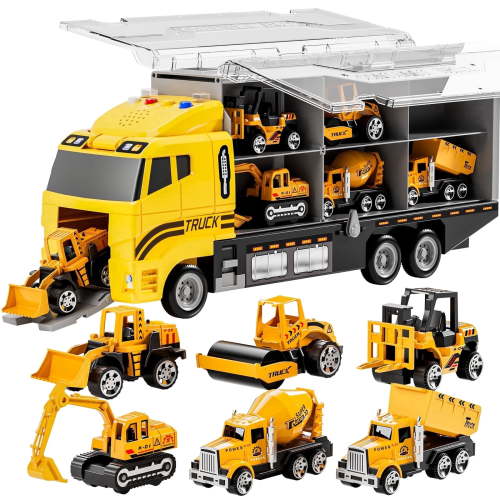 Lucky Doug Construction Toy Truck for Toddler, Boy Truck with 6 Metal Construction Cars, Toys for Boys Ages 3-6-8