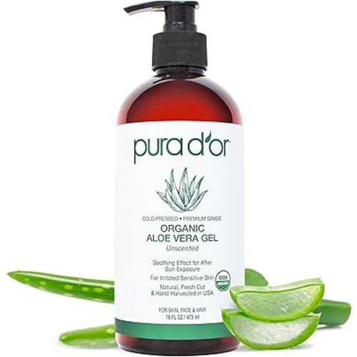 PURA D'OR 16 Oz ORGANIC Aloe Vera Gel - Unscented - All Natural - ZERO Artificial Preservatives - Deeply Hydrating & Moisturizing - Sunburn, Bug Bites, Rashes, Small Cuts, Eczema Relief - Skin & Hair