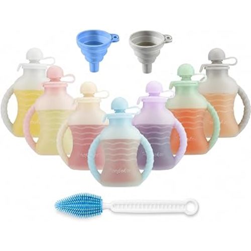 PandaEar 7-Pack Reusable Silicone Baby Food Pouches with Handles, 4oz Refillable Portable Pouches for Toddlers & Infants, BPA-Free Self-Feeding Yogurt & Smoothie Bags, Includes 2 Funnels