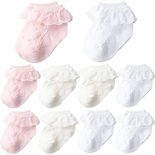 Baby Girl Lace Socks 10 Pack Newborn Ruffle Socks Cotton Ankle Dress Sock | Frilly Infant Baptism 0-12 Months