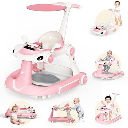 6 in 1 Foldable Baby Walker, Activity Baby Walker-Baby Bouncer, Rocker, Activity Center,Push Walker,Detachable Trampoline Mat, Adjustable Speed Rear Wheels and Height,Music & Lights,Ages 6-18 Months