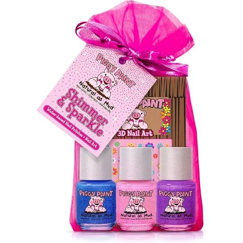 Piggy Paint Nail Polish - Shimmer & Sparkle (3 Color + Nail Art Set)
