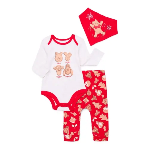 Character Infant Baby Holiday Take Me Home, Bib, Long-Sleeve Bodysuit, and Pants Outfit Set, 3-Piece Sizes Newborn-12 Months