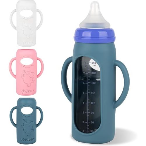 Silicone Sleeves with Handles for Lansinoh Glass Baby Bottles 8oz,Anti Breakage Baby Bottle Holder with Handles 3 Pack