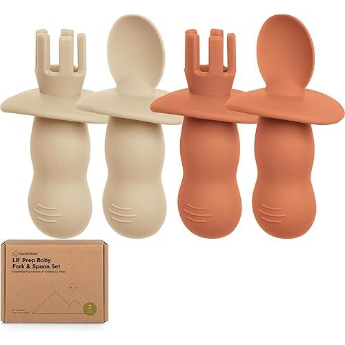 KeaBabies 4-Pack Silicone Baby Spoons and Forks Set - Baby Led Weaning Utensils 6-12 Months, Self Feeding Toddler Spoon & Fork for Training, Teething, Easy to Hold, BPA-Free Silicone (Terracotta)