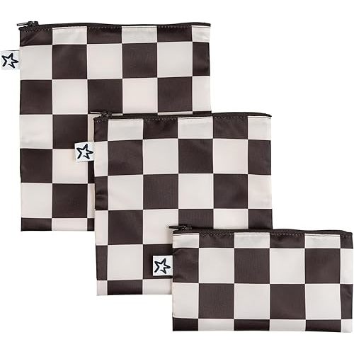 Tiny Twinkle Reusable Snack Bags for Kids – 3 Pack Snack Pouches & Sandwich Bag for Toddlers – Machine Washable, Mess-Proof for Lunch & Travel (Black Checkers)